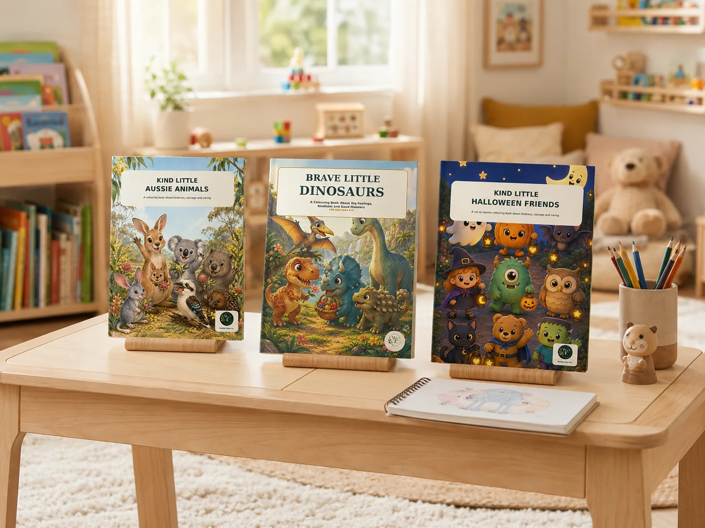 Kind Little Aussie Animals, Brave Little Dinosaurs and Kind Little Halloween Friends displayed together in a warm children’s room