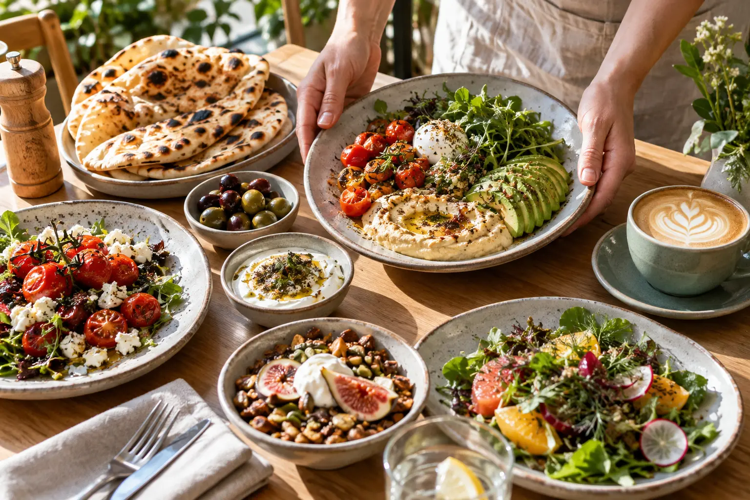 Original concept photograph of a colourful shared café breakfast