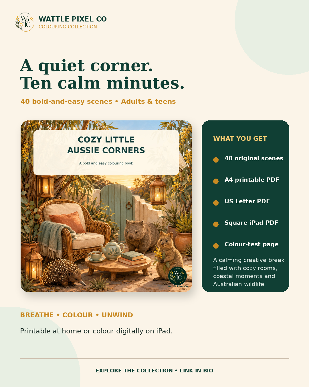 Cozy Little Aussie Corners colouring book by Wattle Pixel Co