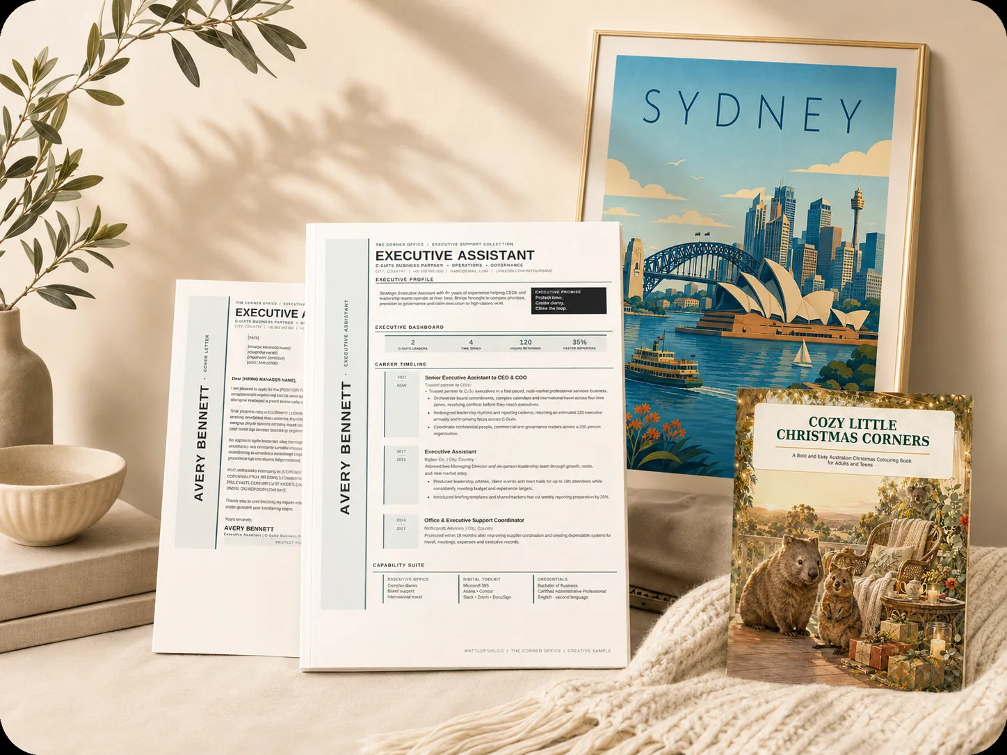 Wattle Pixel Co collection featuring an executive resume template, a Wattle Pixel Co book and Sydney printable wall art in a warm styled interior