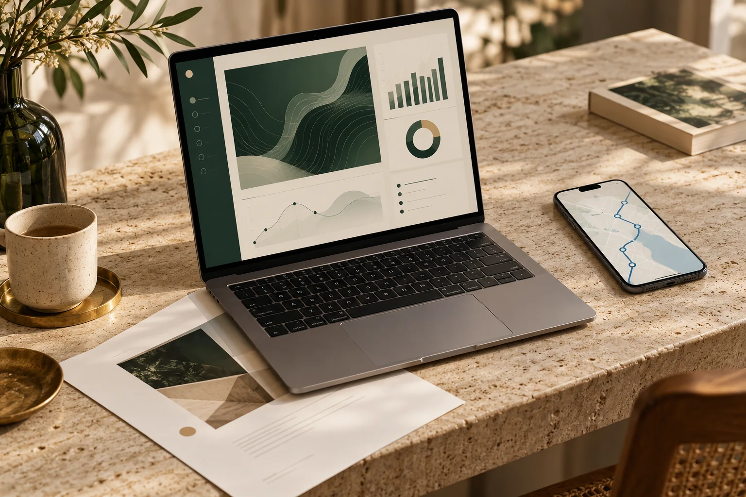 Editorial studio scene with a laptop showing abstract product design, a phone with a route illustration and a printed page