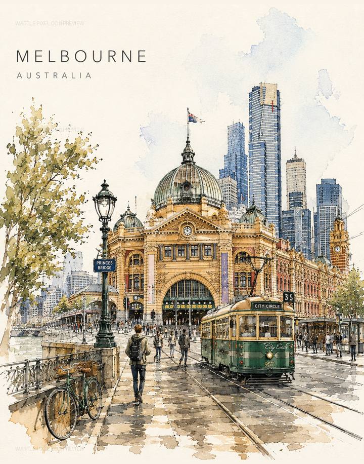 Melbourne Australia editorial watercolor printable wall art