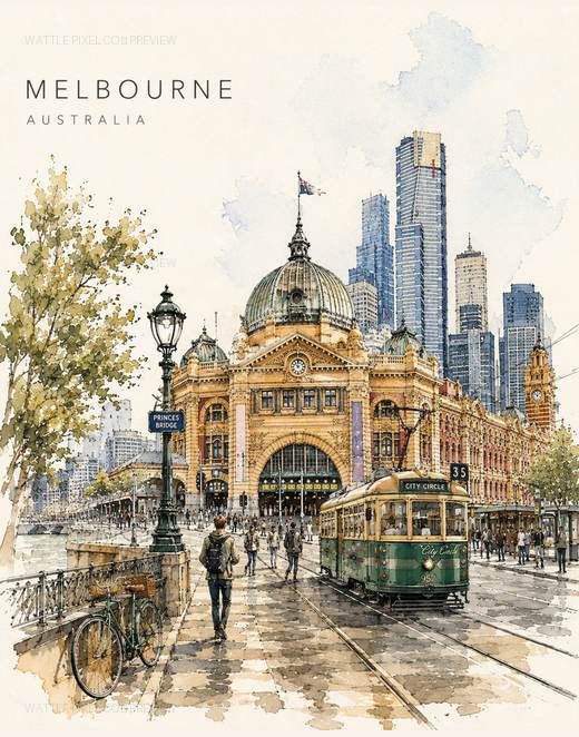 Melbourne watercolor city print