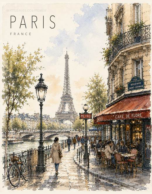 Paris watercolor city print