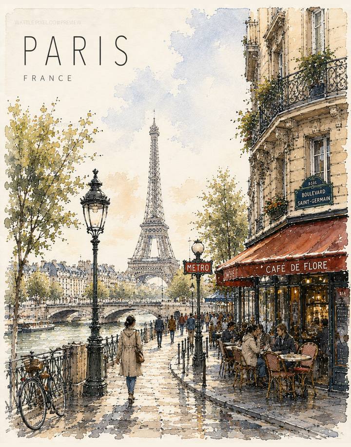 Paris France editorial watercolor printable wall art