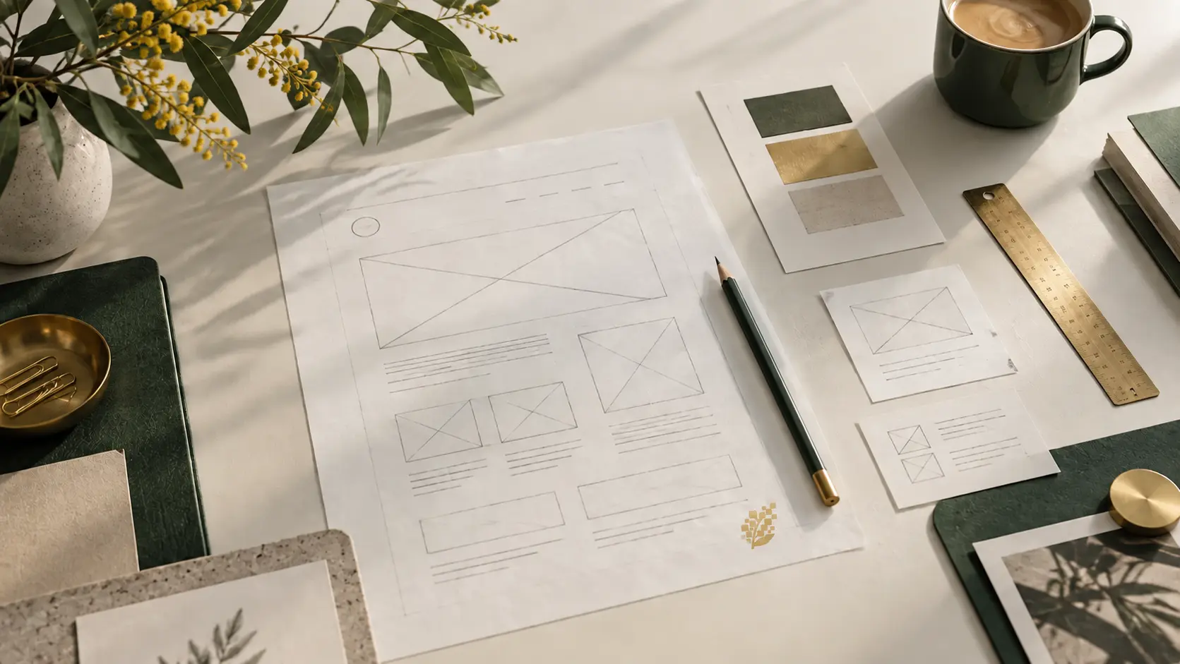 A carefully considered website wireframe and design materials on a studio desk