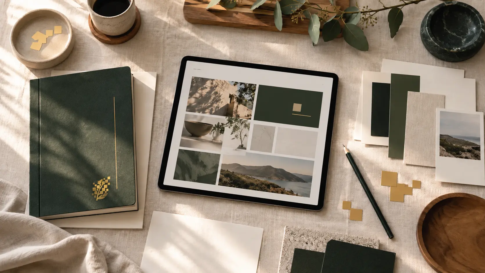 An organised creative studio desk bringing a brand system together