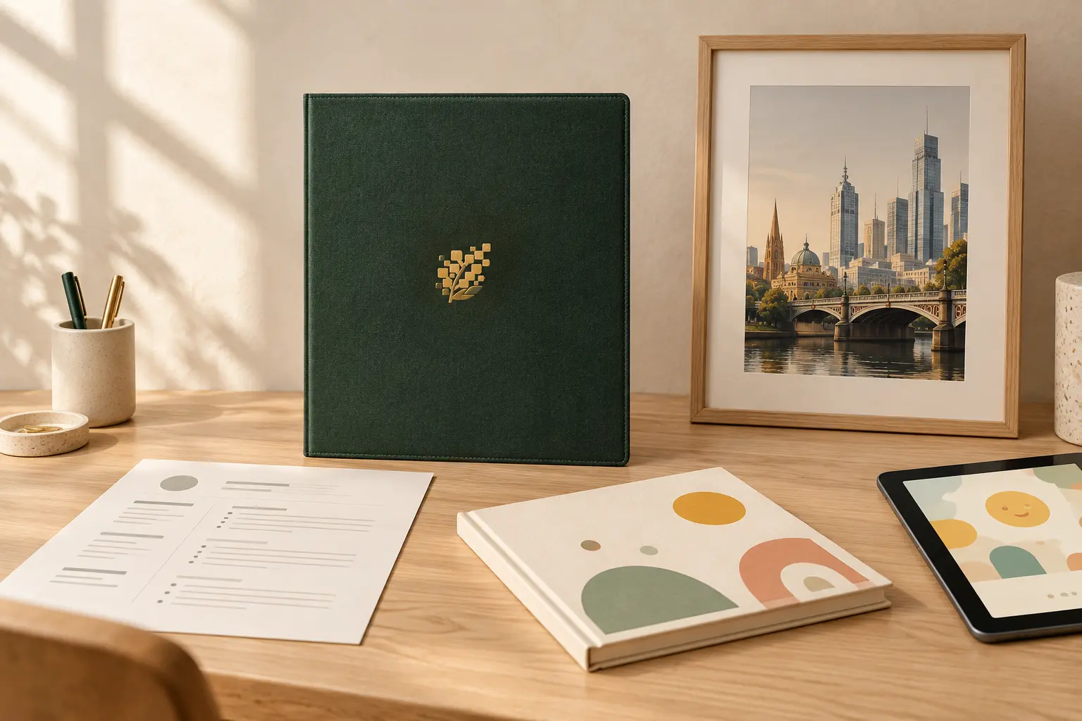 A Wattle Pixel Co studio collection with a gold-branded folio, book, career document, Melbourne print and tablet