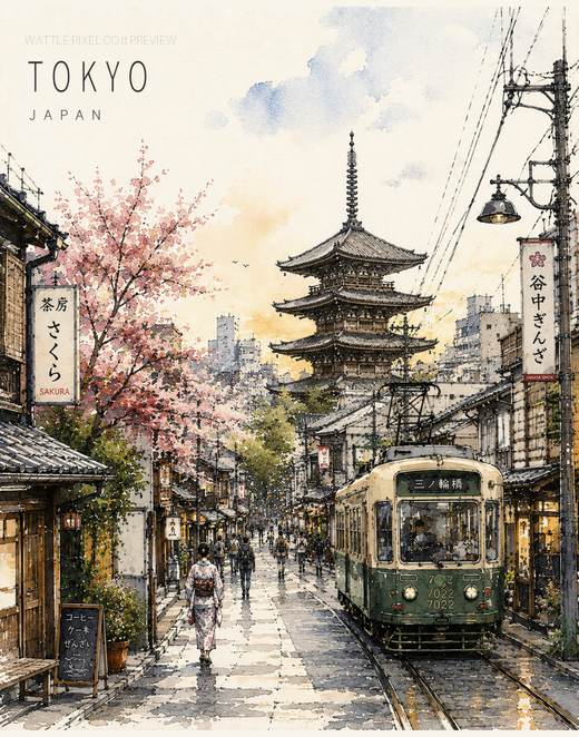 Tokyo watercolor city print