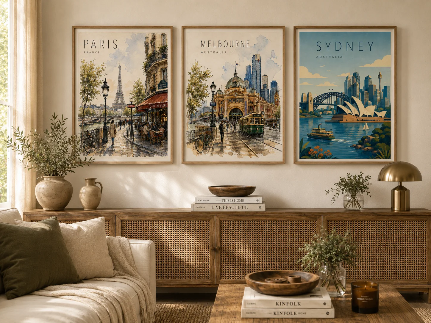 Wattle Pixel Co framed city art in a warm living room